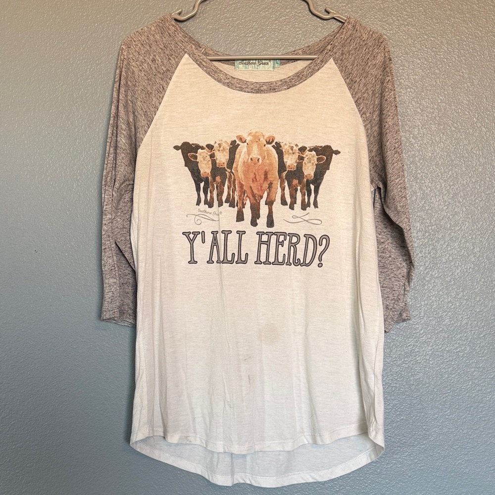 Southern Grace Gray and Cream Raglan Tee “Y’all herd?” with cows